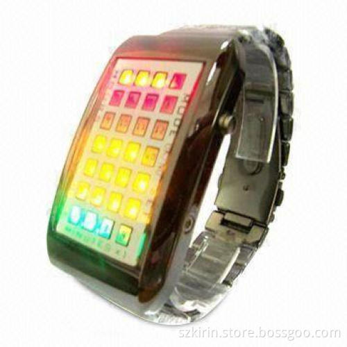 Binary LED Watch with Alloy Electroplate Case/Strap and Stainless Steel Back/Buckle, Battery-saving
